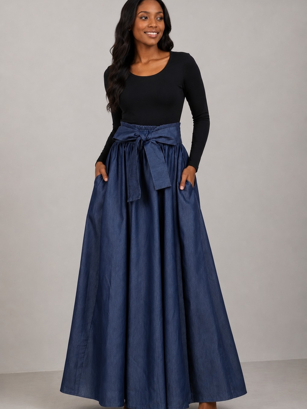 Maxi Tie-Waist Chambray Denim Skirt in Navy